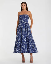 Blue Strapless Brocade Midi Dress